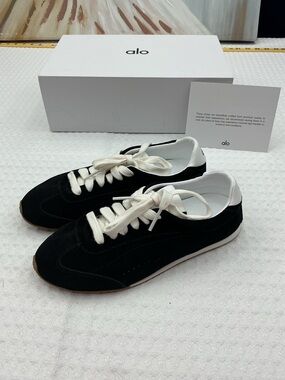 ALO Yoga womens Black Suede Sneakers with White Accents